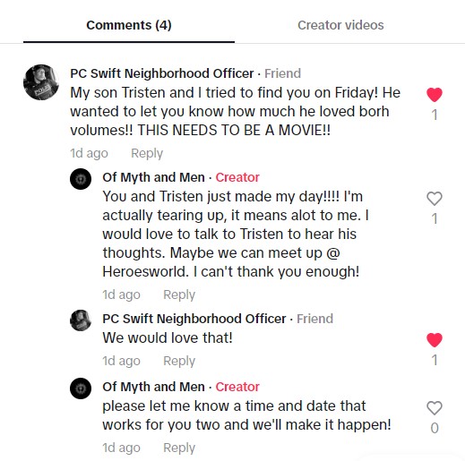 Tik Tok post by PC Swift Neighborhood Officer with text "THIS NEEDS TO BE A MOVIE!!" for Of Myth and Men The White Night Volume I by Francesco Coscarella.