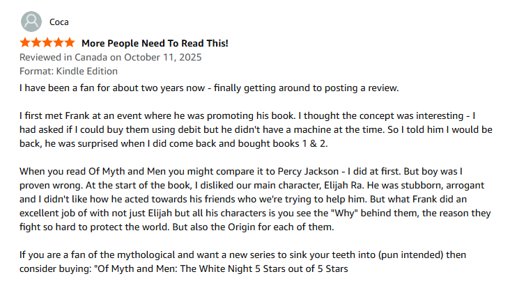 Image of Amazon five star review by Coca with text from Of Myth and Men: The White Night by Francesco Coscarella