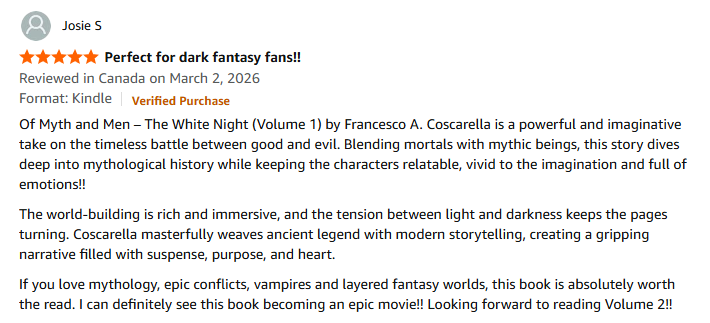 Tik Tok post by PC Swift Neighborhood Officer with text "THIS NEEDS TO BE A MOVIE!!" for Of Myth and Men The White Night Volume I by Francesco Coscarella.